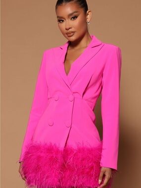 Fashion Nova Hot Pink Feather-Hem Double-Breasted Blazer
